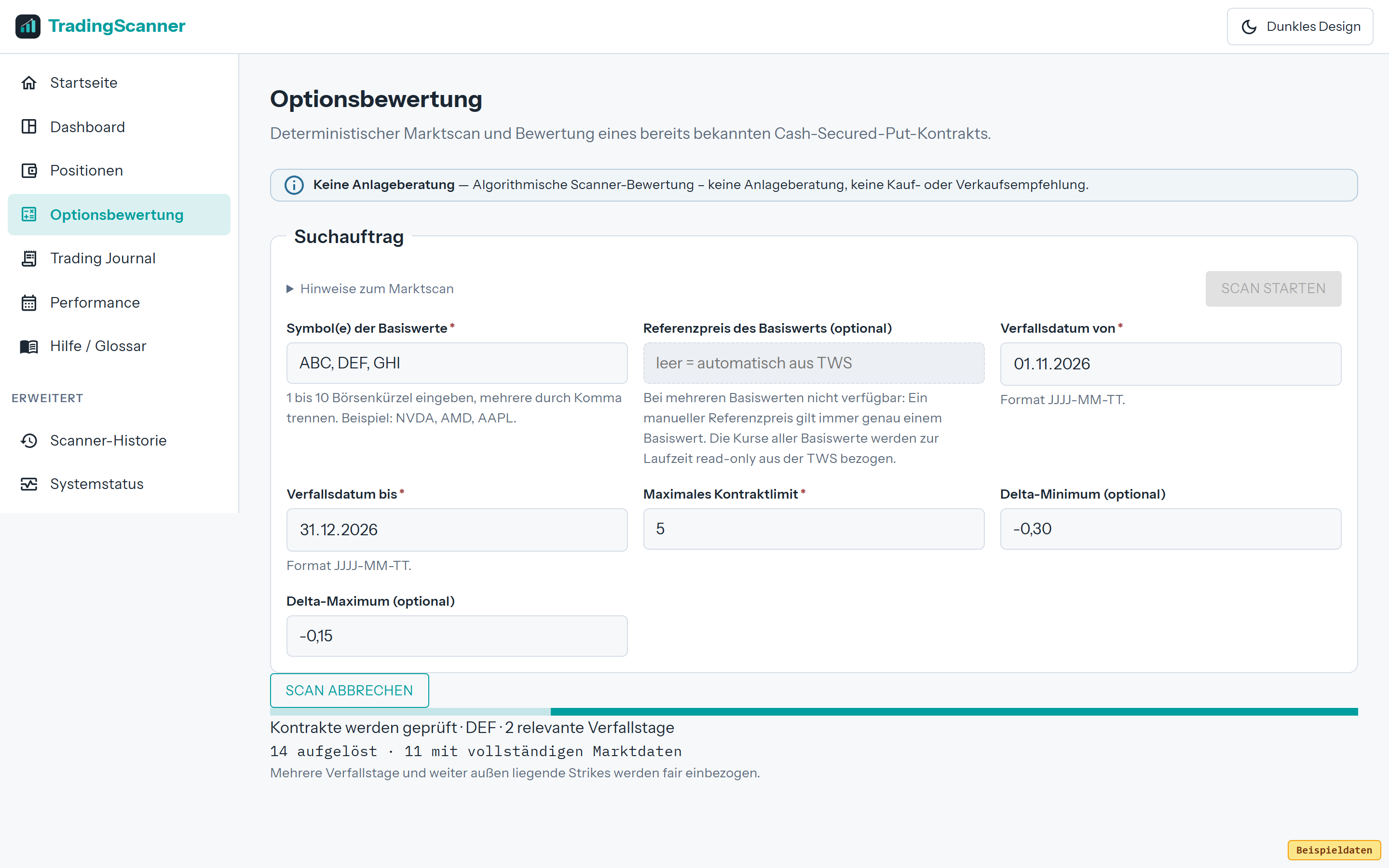 Scanner: Formular „Suchauftrag“ mit Fortschrittsanzeige, ohne Ergebnisliste.