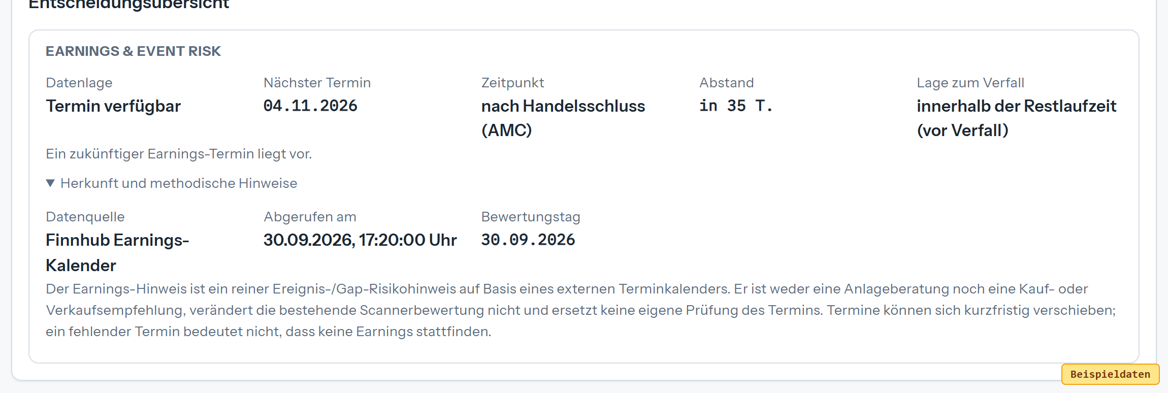 Abschnitt „Earnings & Event Risk“ mit Zeitpunkt und Kennzeichnung.