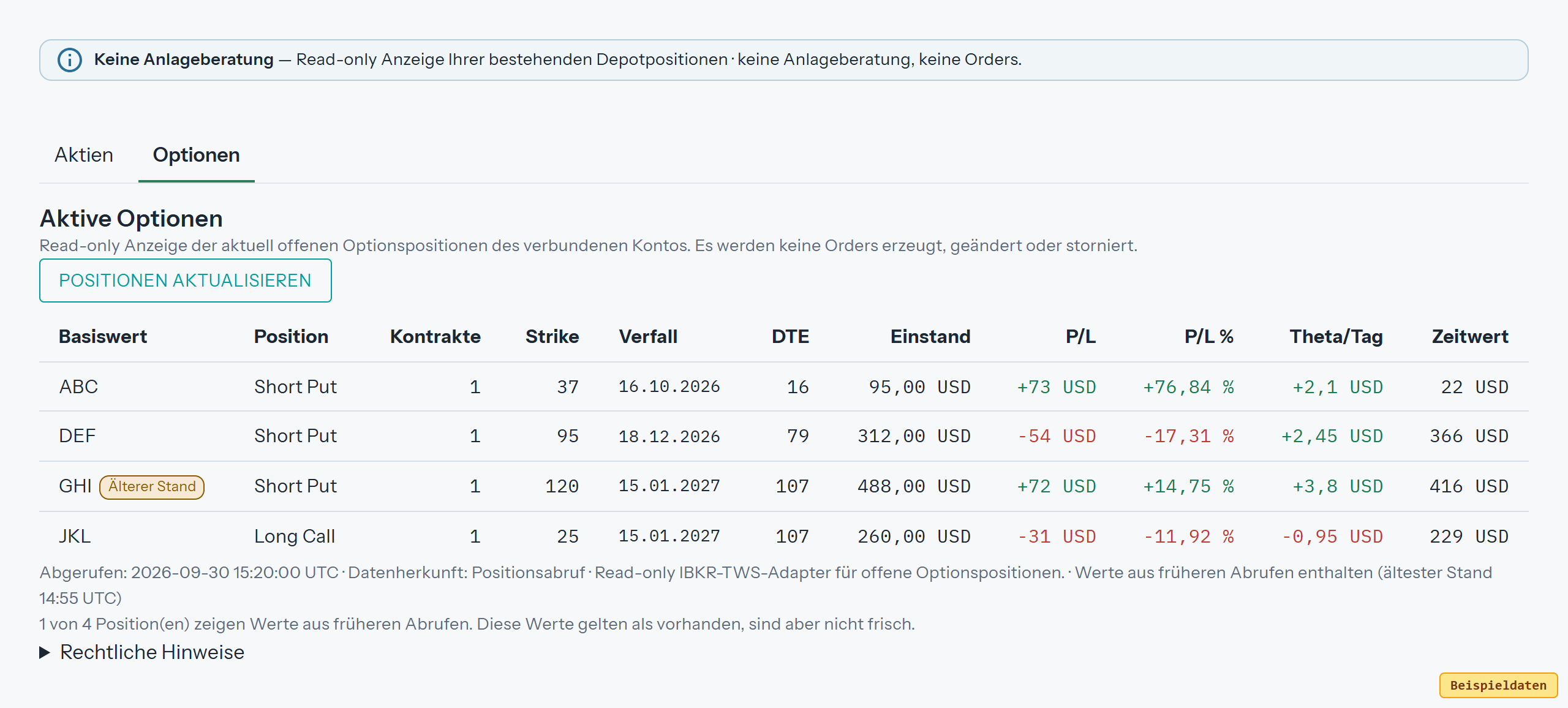 Optionszeile mit der Markierung „Älterer Stand“.
