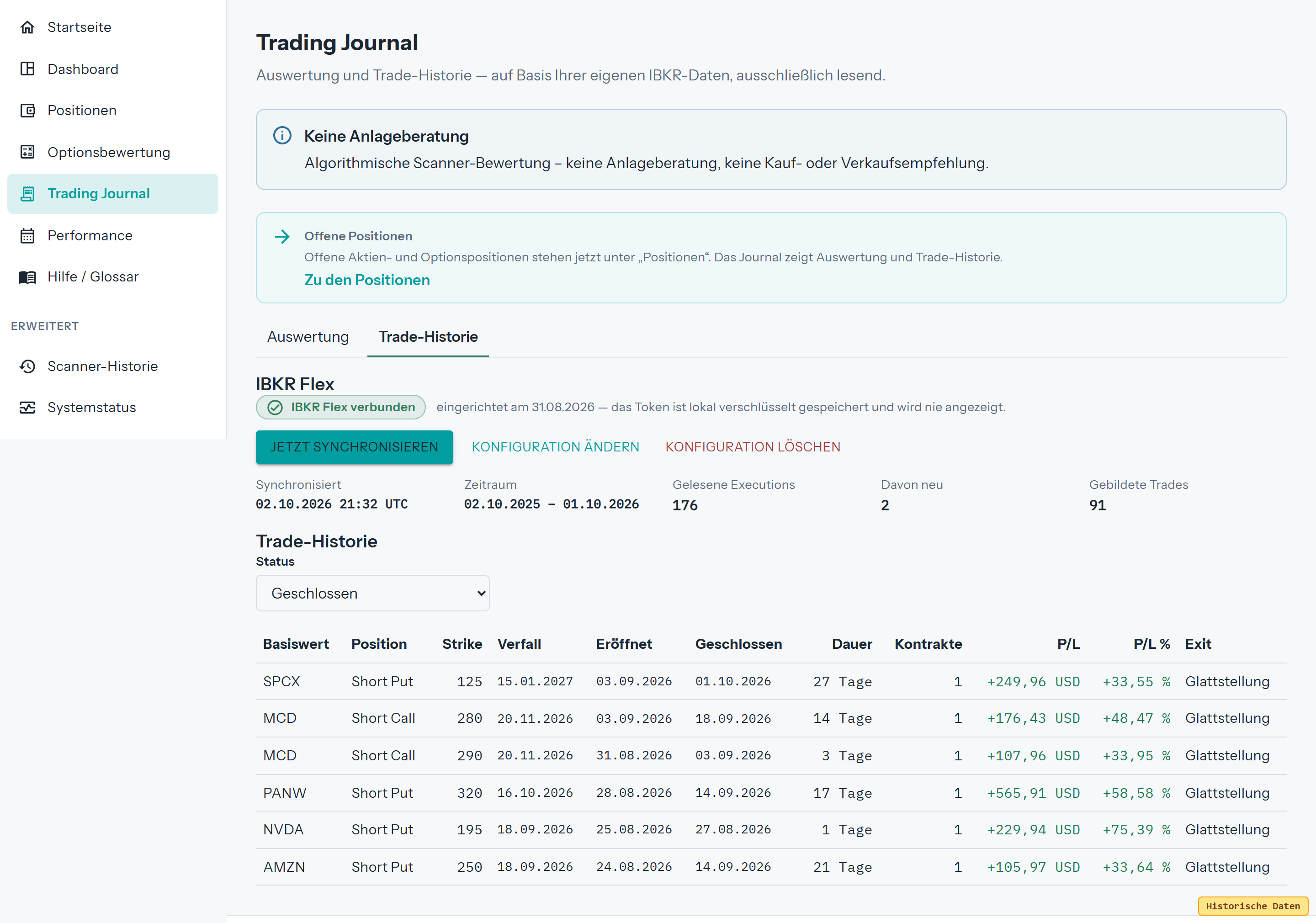 Trading Journal: Kennzahlen und Trade-Historie