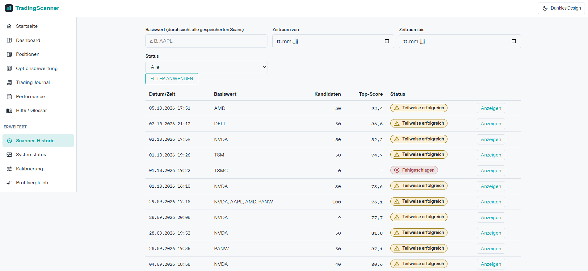 Scanner-Historie: Liste der gespeicherten Scans mit Datum, Basiswert, Kandidaten, Top-Score und Status.